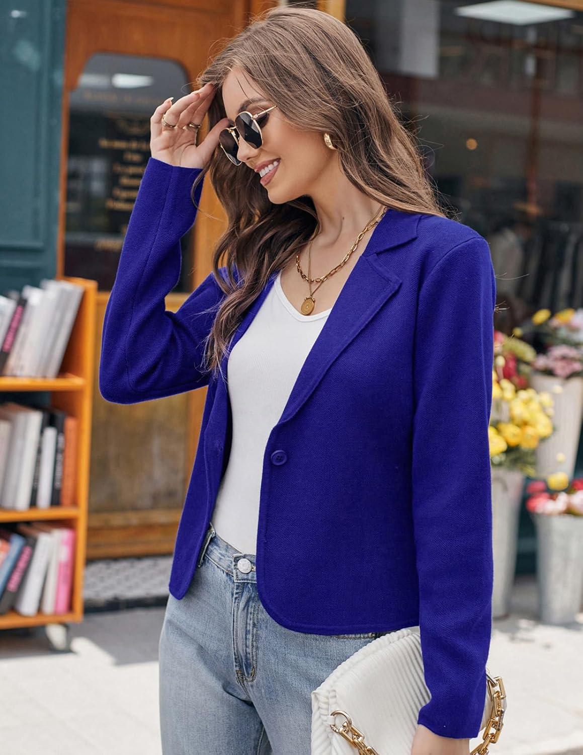 imageGRACE KARIN Women Sweater Blazer Casual Work Croppped Cardigan Lightweight Button Front Short Knit Blazer Jacket SXXLRoyal Blue