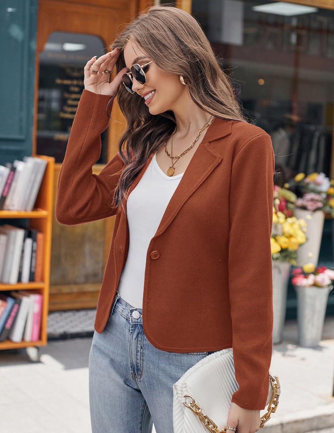 imageGRACE KARIN Women Sweater Blazer Casual Work Croppped Cardigan Lightweight Button Front Short Knit Blazer Jacket SXXLRust Brown