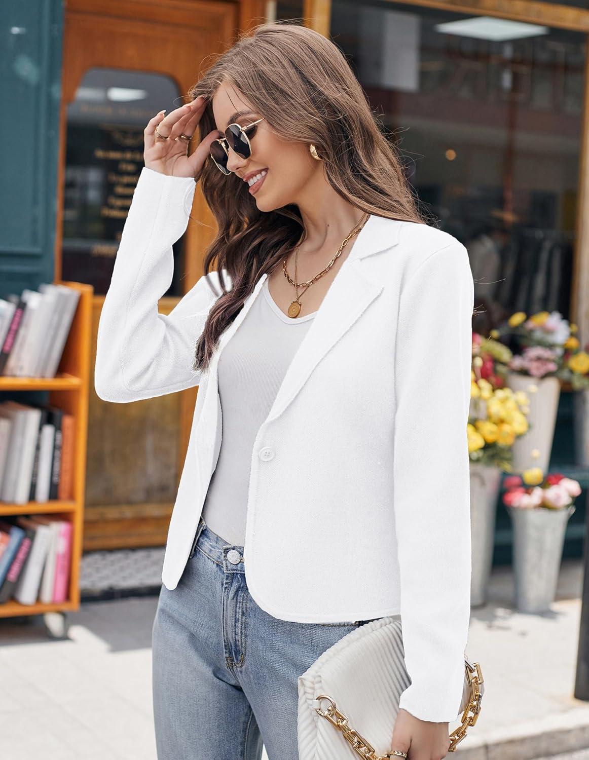imageGRACE KARIN Women Sweater Blazer Casual Work Croppped Cardigan Lightweight Button Front Short Knit Blazer Jacket SXXLWhite