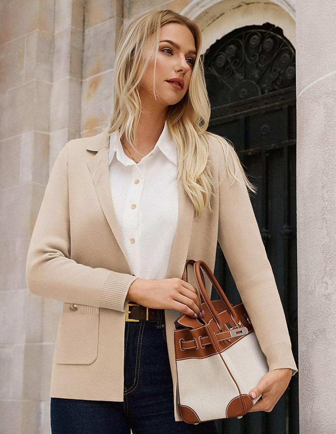 imageGRACE KARIN Women Sweater Blazers Business Casual Long Sleeve Work Cardigan Open Front Lapel Suit Jackets with PocketsApricot
