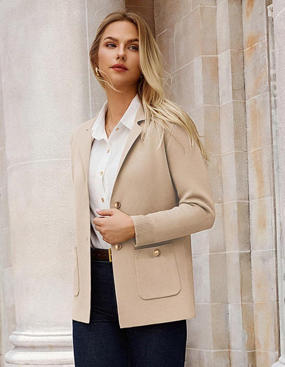 imageGRACE KARIN Women Sweater Blazers Business Casual Long Sleeve Work Cardigan Open Front Lapel Suit Jackets with PocketsApricot