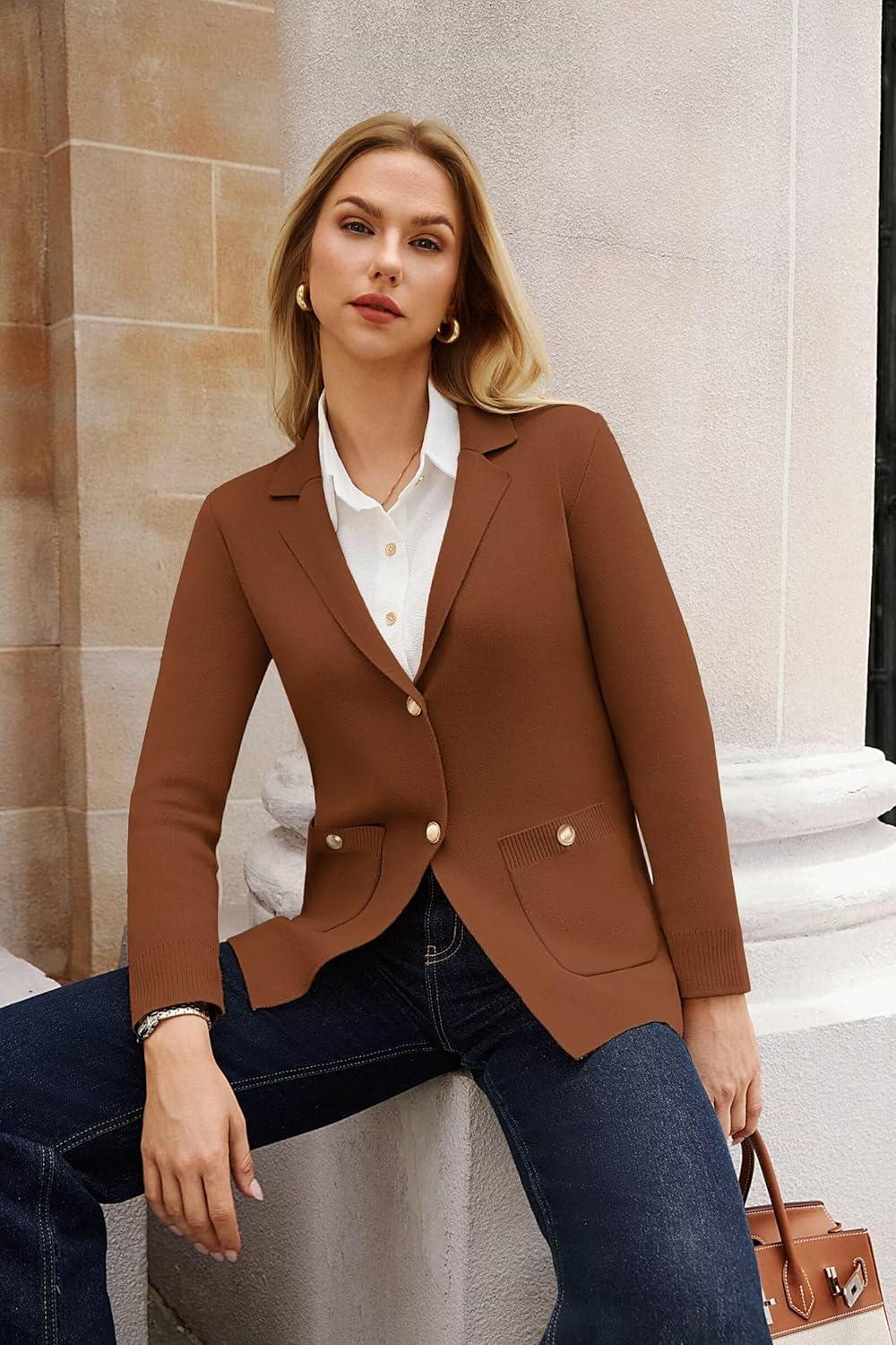 imageGRACE KARIN Women Sweater Blazers Business Casual Long Sleeve Work Cardigan Open Front Lapel Suit Jackets with PocketsBrown
