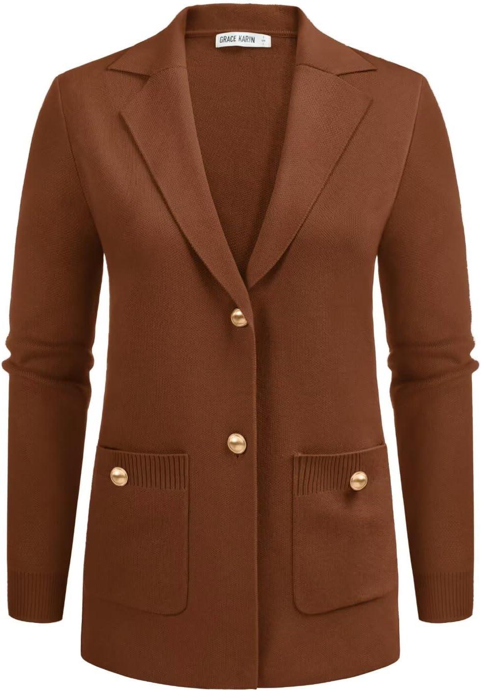 imageGRACE KARIN Women Sweater Blazers Business Casual Long Sleeve Work Cardigan Open Front Lapel Suit Jackets with PocketsBrown