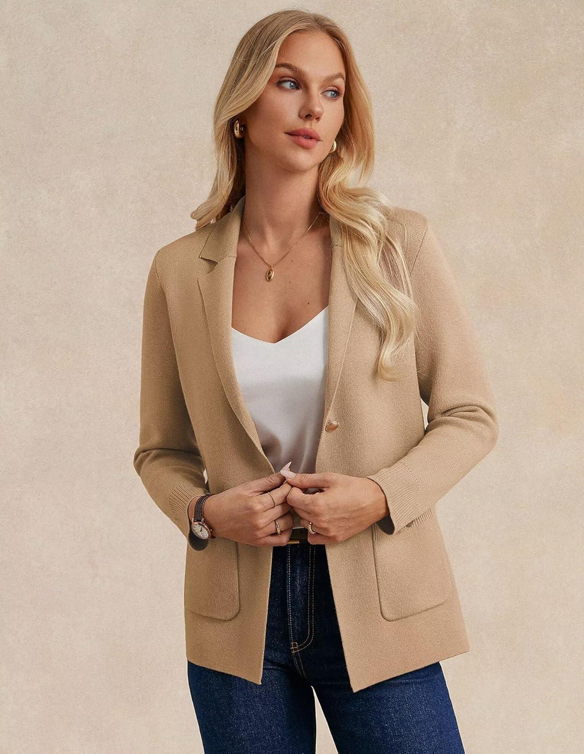 imageGRACE KARIN Women Sweater Blazers Business Casual Long Sleeve Work Cardigan Open Front Lapel Suit Jackets with PocketsCamel