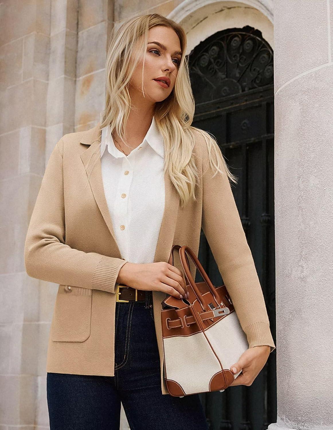 imageGRACE KARIN Women Sweater Blazers Business Casual Long Sleeve Work Cardigan Open Front Lapel Suit Jackets with PocketsCamel