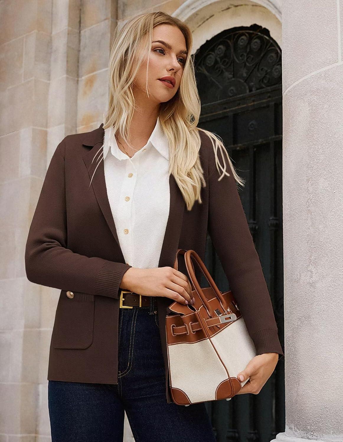 imageGRACE KARIN Women Sweater Blazers Business Casual Long Sleeve Work Cardigan Open Front Lapel Suit Jackets with PocketsChocolate Brown