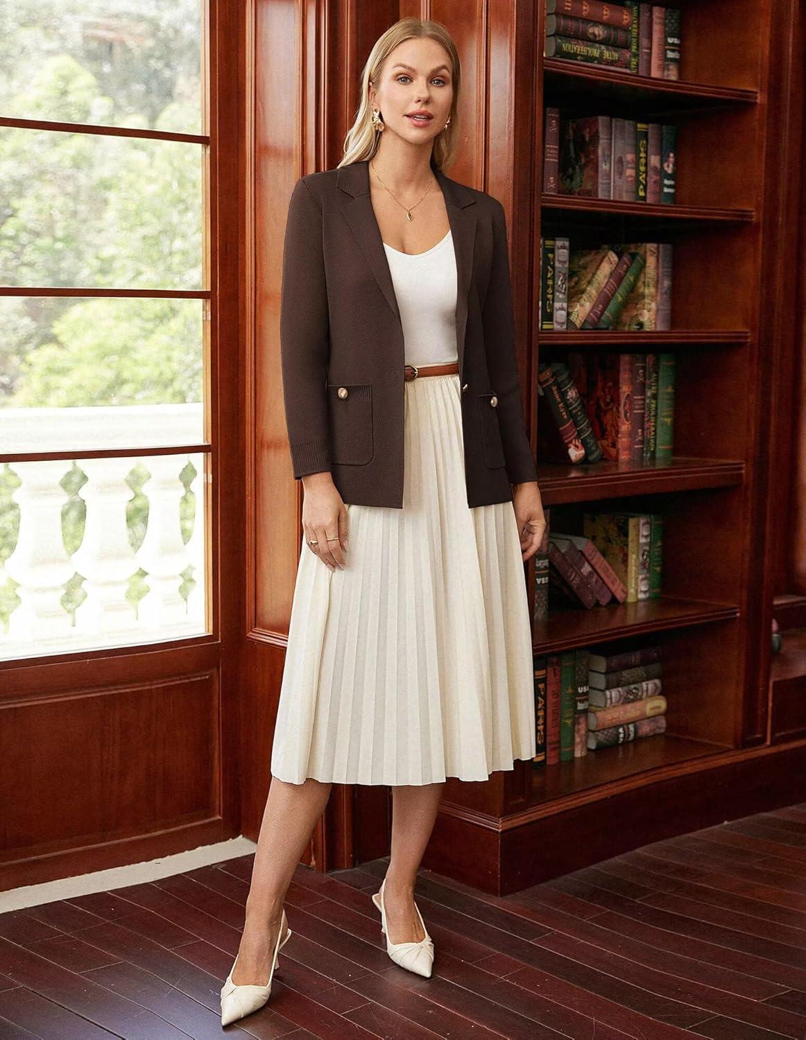 imageGRACE KARIN Women Sweater Blazers Business Casual Long Sleeve Work Cardigan Open Front Lapel Suit Jackets with PocketsChocolate Brown
