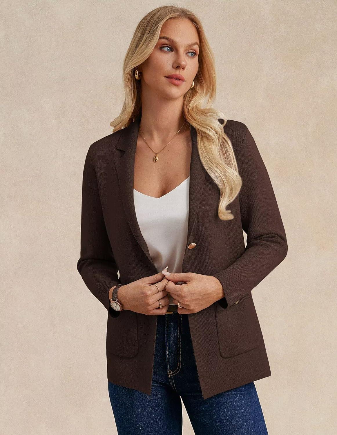 imageGRACE KARIN Women Sweater Blazers Business Casual Long Sleeve Work Cardigan Open Front Lapel Suit Jackets with PocketsChocolate Brown