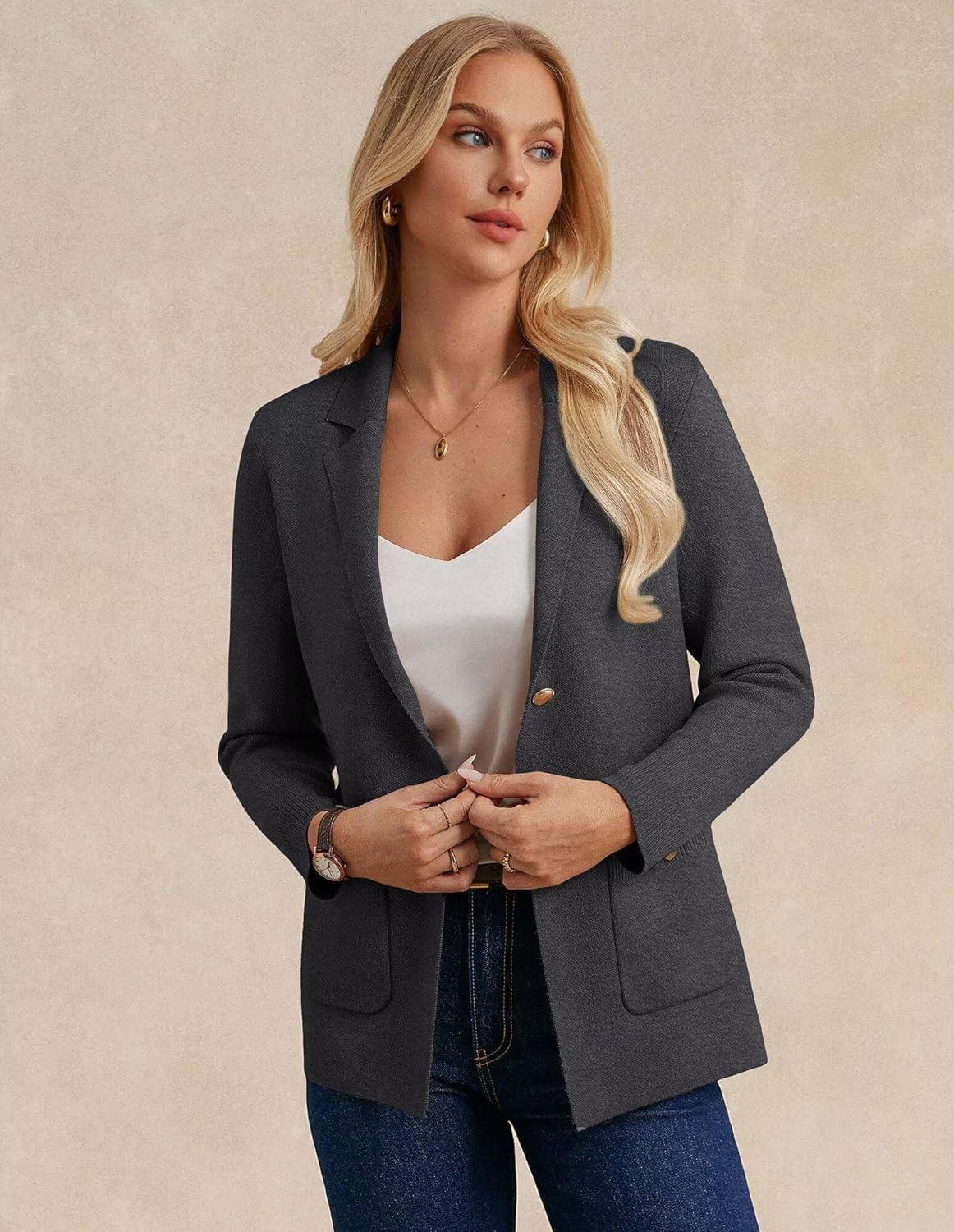 imageGRACE KARIN Women Sweater Blazers Business Casual Long Sleeve Work Cardigan Open Front Lapel Suit Jackets with PocketsDark Gray