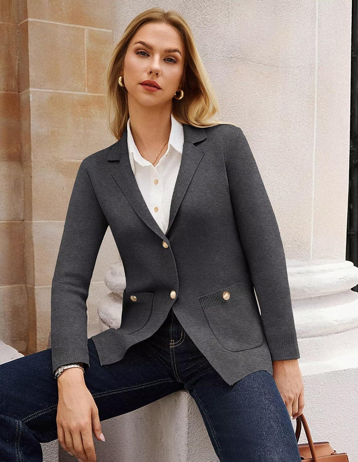 imageGRACE KARIN Women Sweater Blazers Business Casual Long Sleeve Work Cardigan Open Front Lapel Suit Jackets with PocketsDark Gray