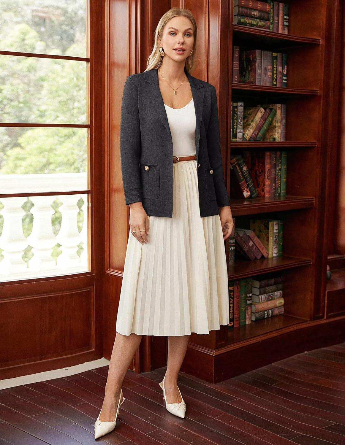 imageGRACE KARIN Women Sweater Blazers Business Casual Long Sleeve Work Cardigan Open Front Lapel Suit Jackets with PocketsDark Gray