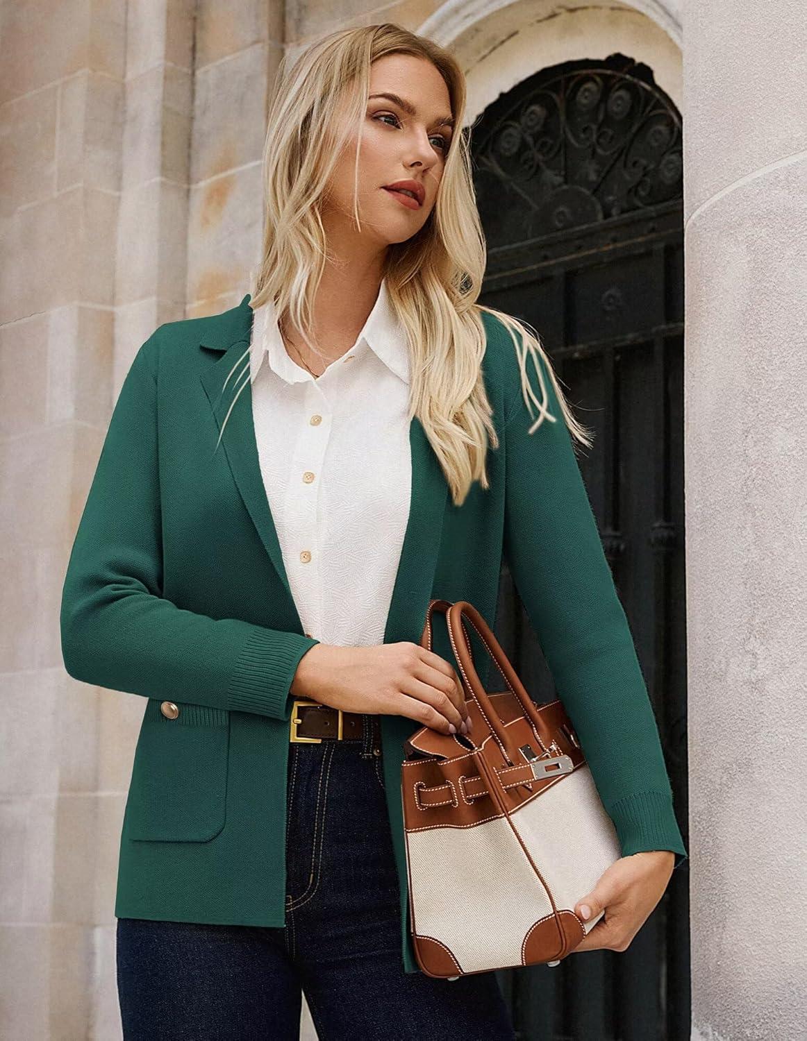 imageGRACE KARIN Women Sweater Blazers Business Casual Long Sleeve Work Cardigan Open Front Lapel Suit Jackets with PocketsGreen