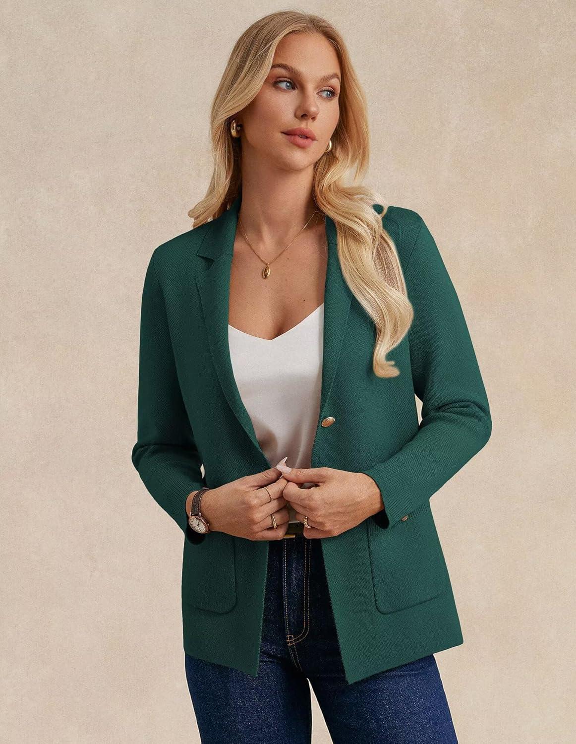 imageGRACE KARIN Women Sweater Blazers Business Casual Long Sleeve Work Cardigan Open Front Lapel Suit Jackets with PocketsGreen