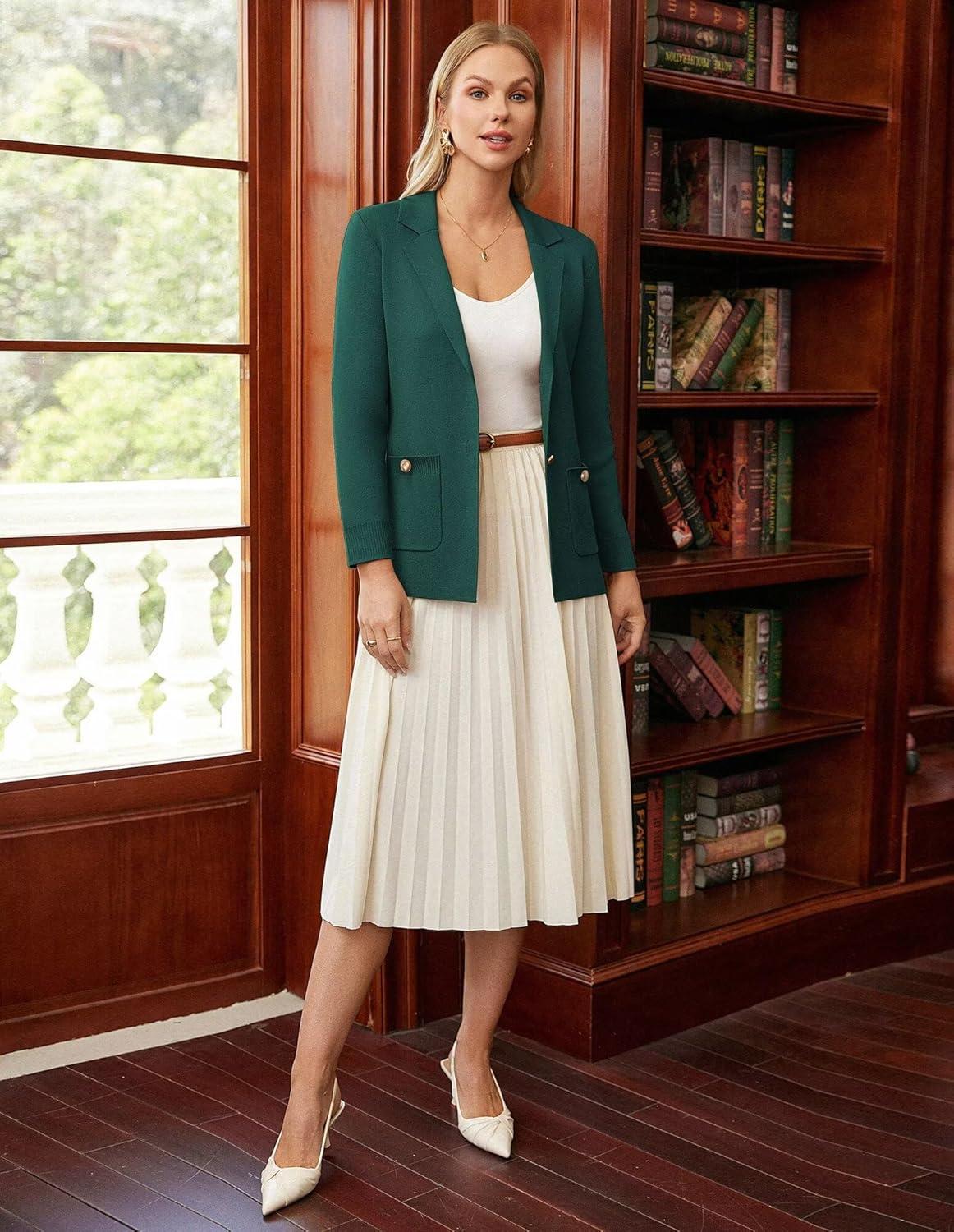 imageGRACE KARIN Women Sweater Blazers Business Casual Long Sleeve Work Cardigan Open Front Lapel Suit Jackets with PocketsGreen