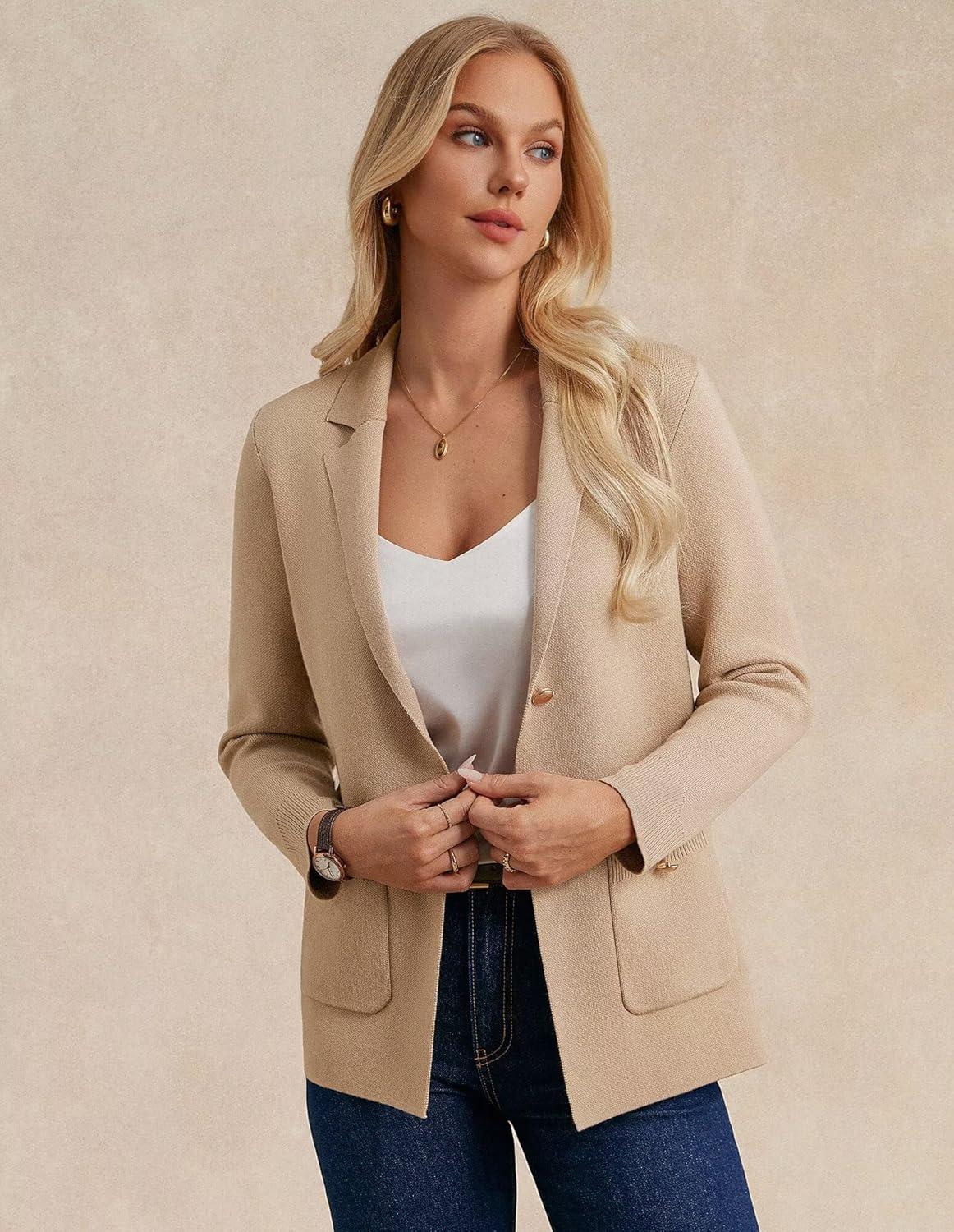 imageGRACE KARIN Women Sweater Blazers Business Casual Long Sleeve Work Cardigan Open Front Lapel Suit Jackets with PocketsKhaki