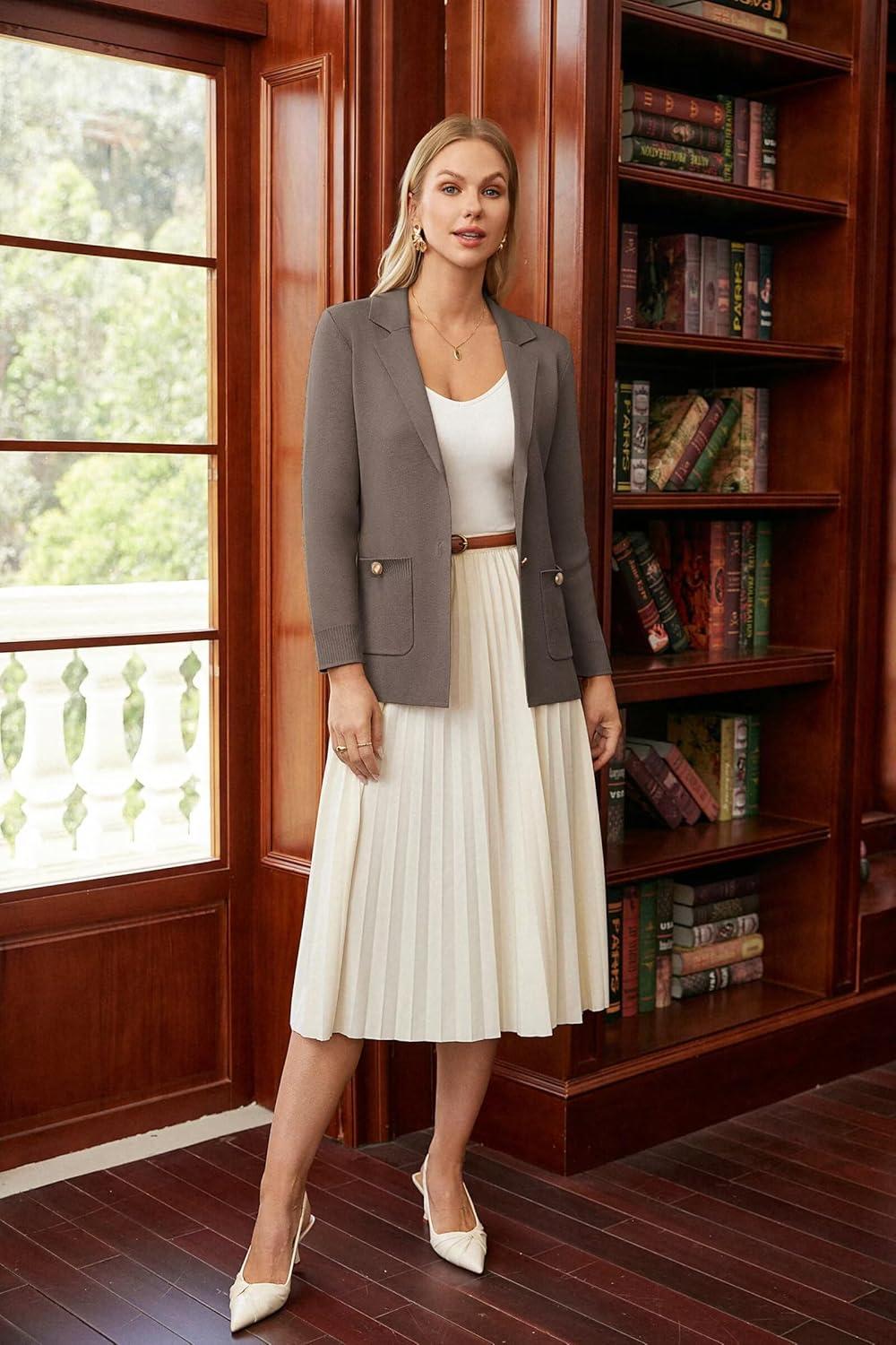 imageGRACE KARIN Women Sweater Blazers Business Casual Long Sleeve Work Cardigan Open Front Lapel Suit Jackets with PocketsMid Camel