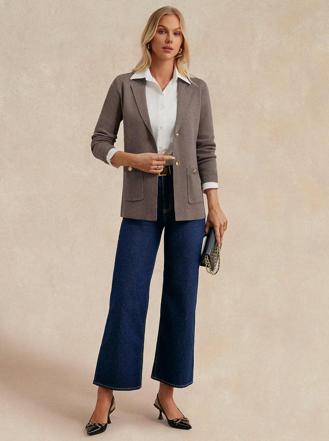 imageGRACE KARIN Women Sweater Blazers Business Casual Long Sleeve Work Cardigan Open Front Lapel Suit Jackets with PocketsMid Camel