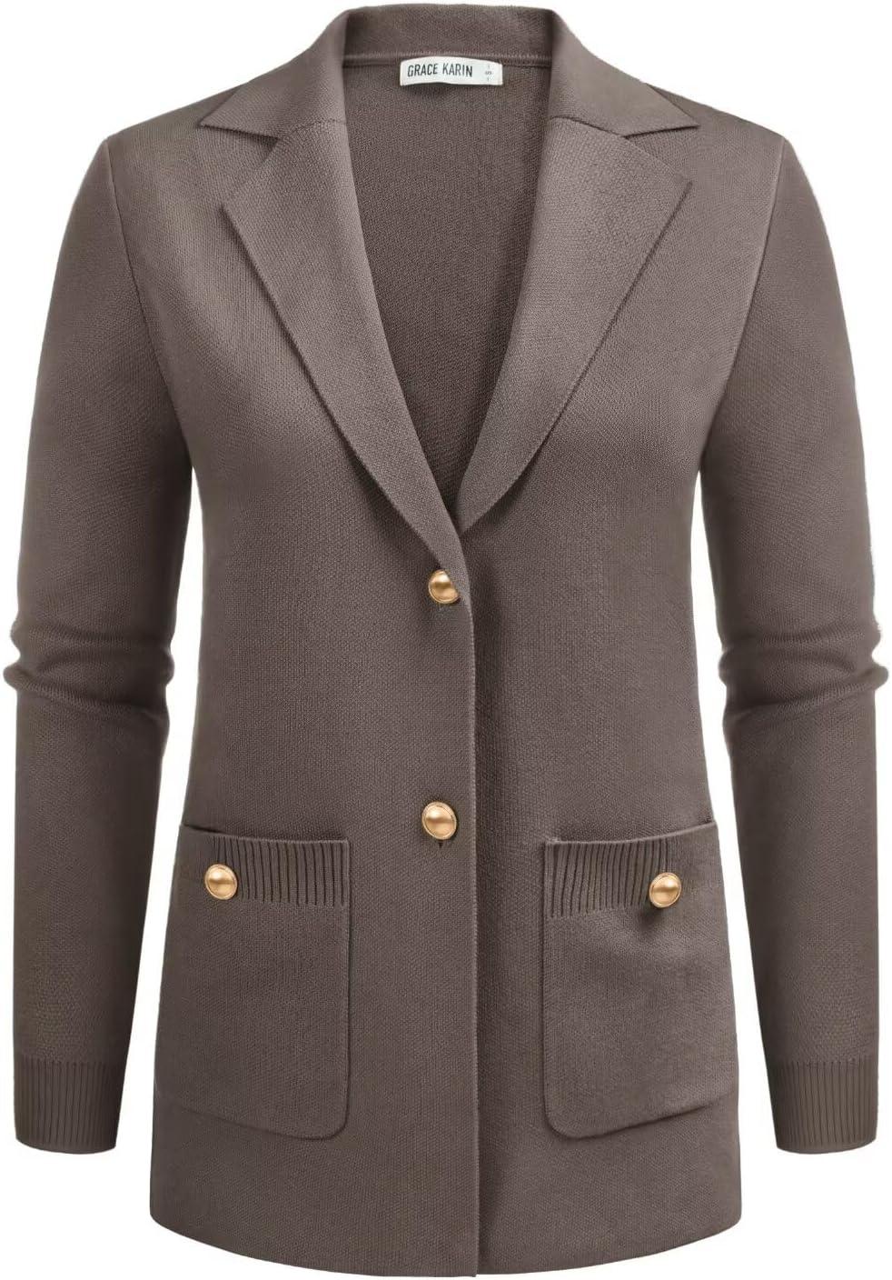 imageGRACE KARIN Women Sweater Blazers Business Casual Long Sleeve Work Cardigan Open Front Lapel Suit Jackets with PocketsMid Camel