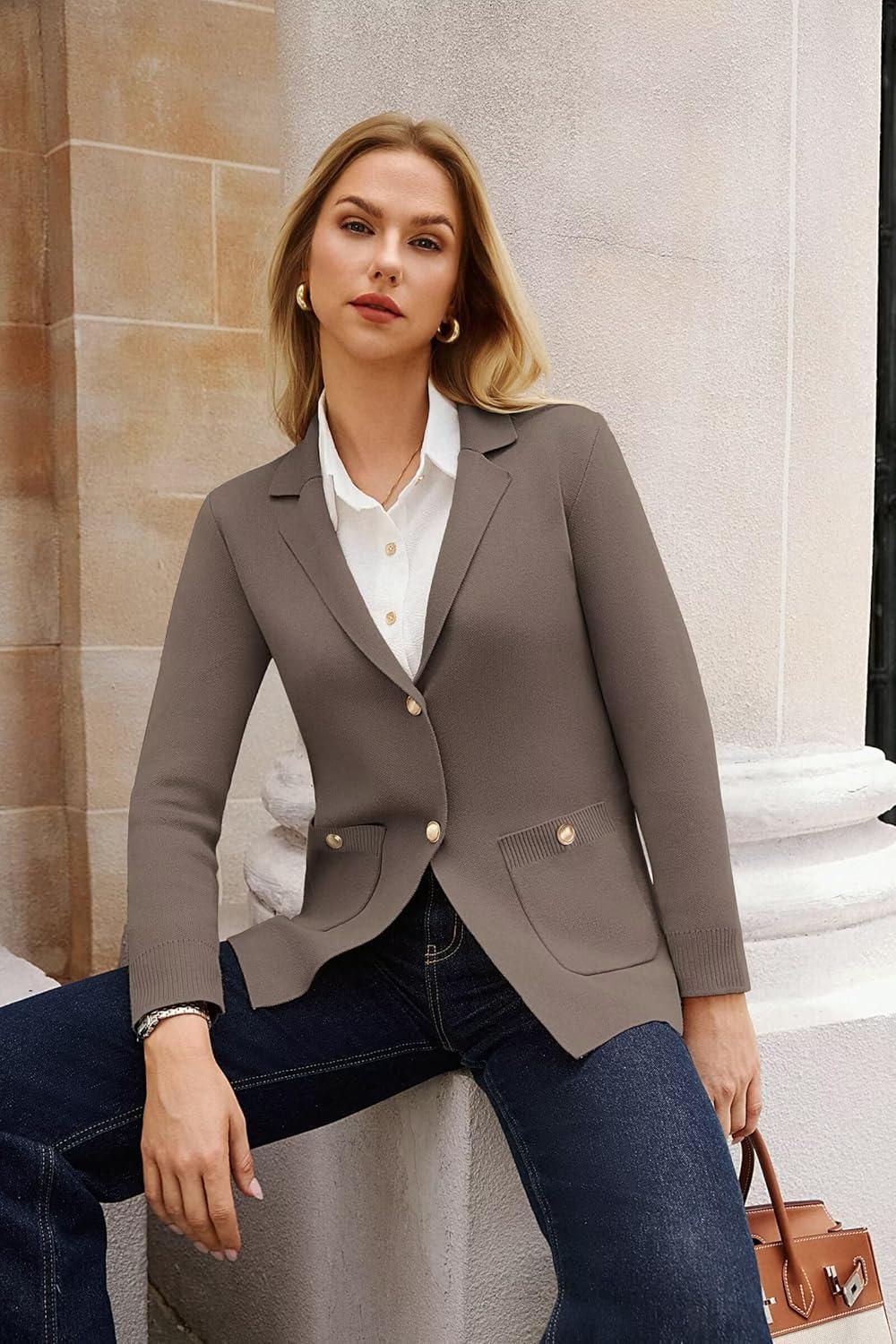imageGRACE KARIN Women Sweater Blazers Business Casual Long Sleeve Work Cardigan Open Front Lapel Suit Jackets with PocketsMid Camel