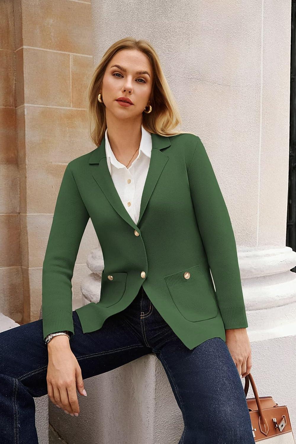 imageGRACE KARIN Women Sweater Blazers Business Casual Long Sleeve Work Cardigan Open Front Lapel Suit Jackets with PocketsOlive Green