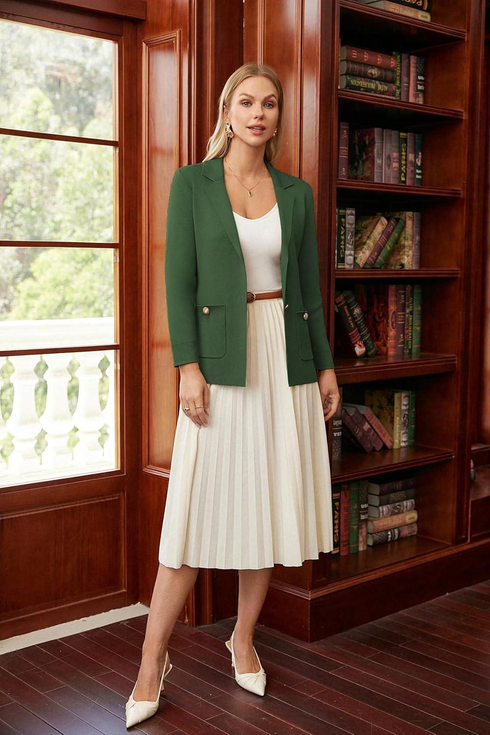 imageGRACE KARIN Women Sweater Blazers Business Casual Long Sleeve Work Cardigan Open Front Lapel Suit Jackets with PocketsOlive Green