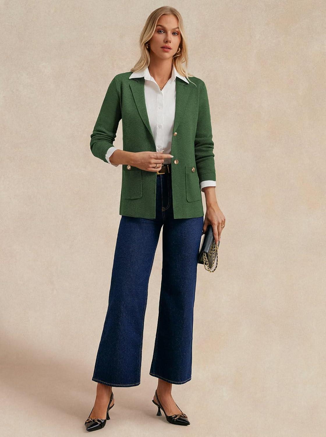 imageGRACE KARIN Women Sweater Blazers Business Casual Long Sleeve Work Cardigan Open Front Lapel Suit Jackets with PocketsOlive Green