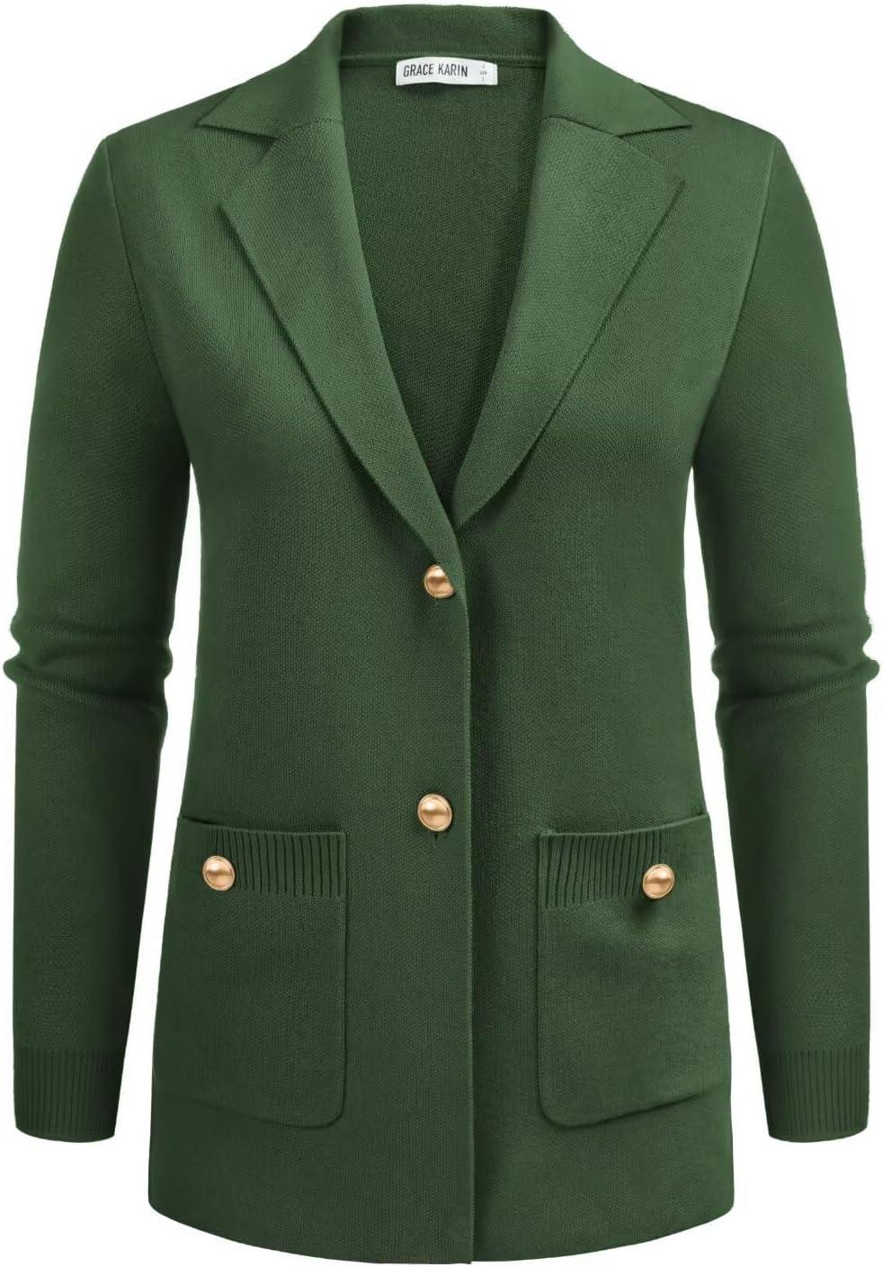 imageGRACE KARIN Women Sweater Blazers Business Casual Long Sleeve Work Cardigan Open Front Lapel Suit Jackets with PocketsOlive Green