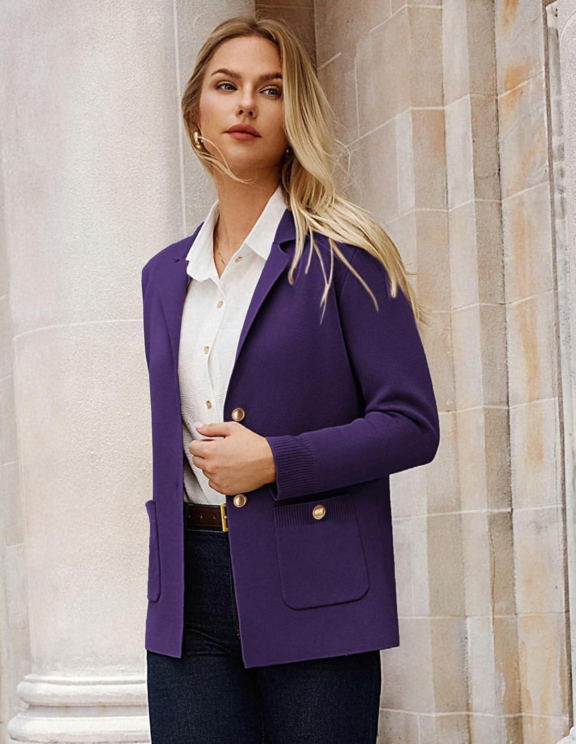 imageGRACE KARIN Women Sweater Blazers Business Casual Long Sleeve Work Cardigan Open Front Lapel Suit Jackets with PocketsPurple