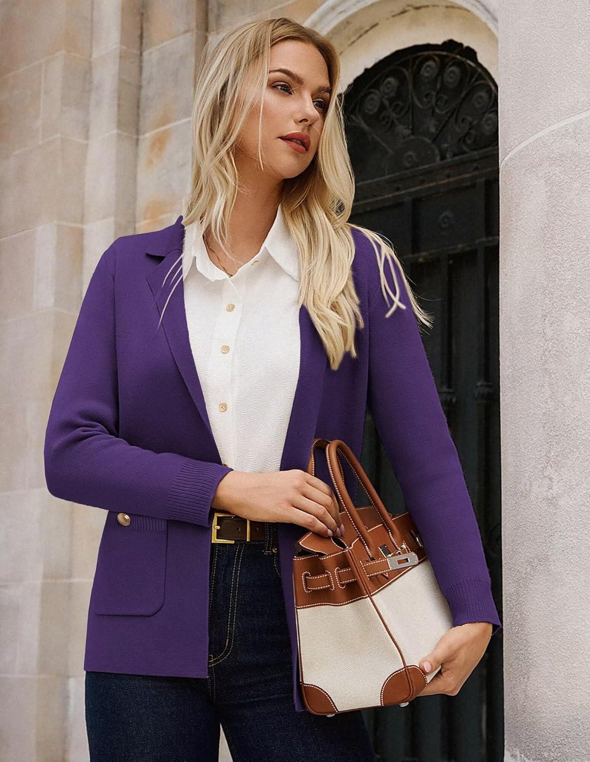 imageGRACE KARIN Women Sweater Blazers Business Casual Long Sleeve Work Cardigan Open Front Lapel Suit Jackets with PocketsPurple