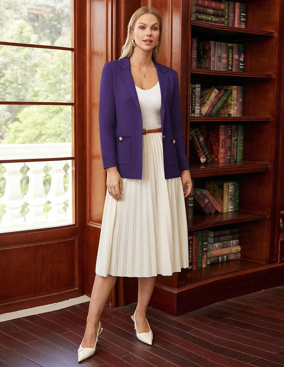 imageGRACE KARIN Women Sweater Blazers Business Casual Long Sleeve Work Cardigan Open Front Lapel Suit Jackets with PocketsPurple