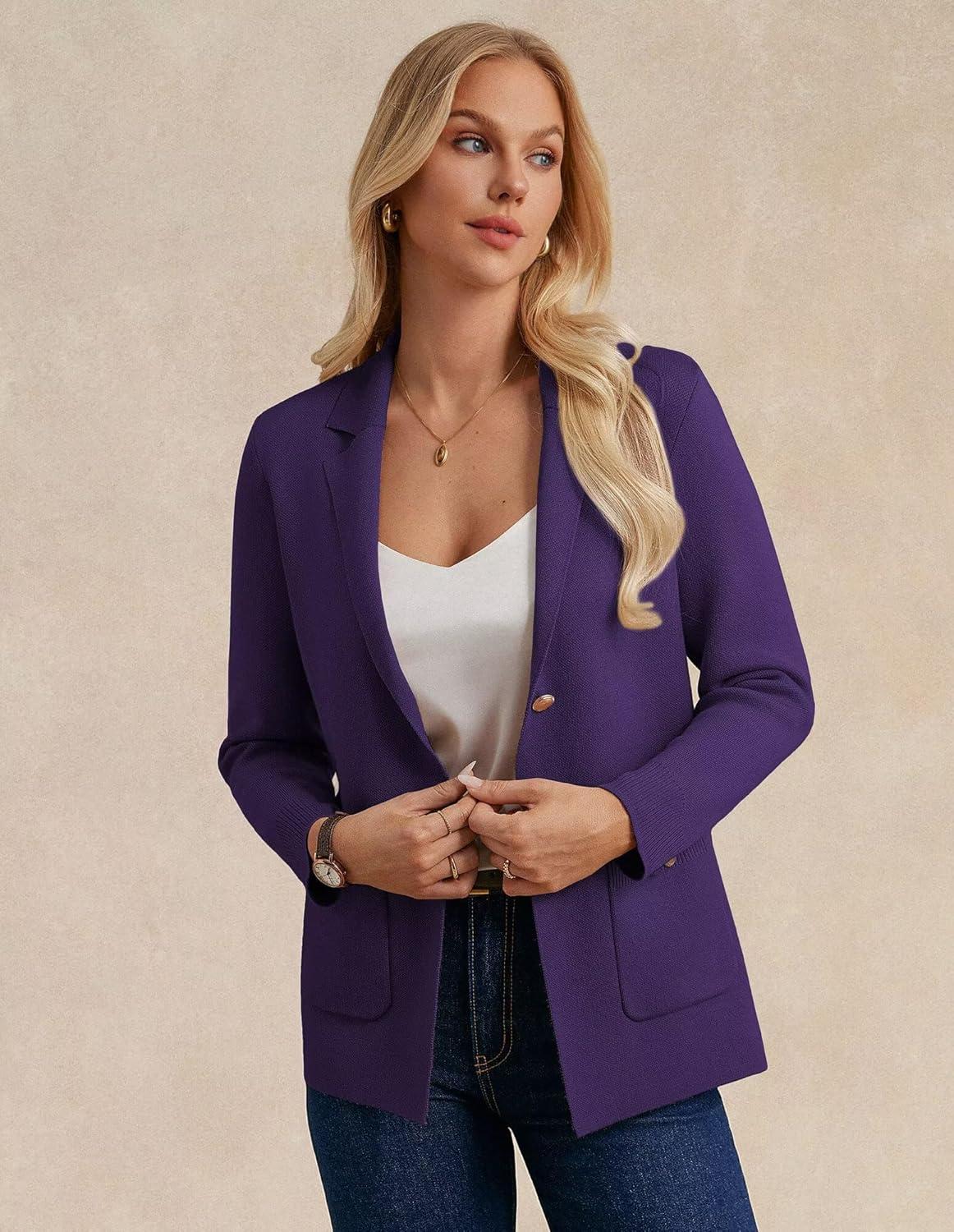 imageGRACE KARIN Women Sweater Blazers Business Casual Long Sleeve Work Cardigan Open Front Lapel Suit Jackets with PocketsPurple