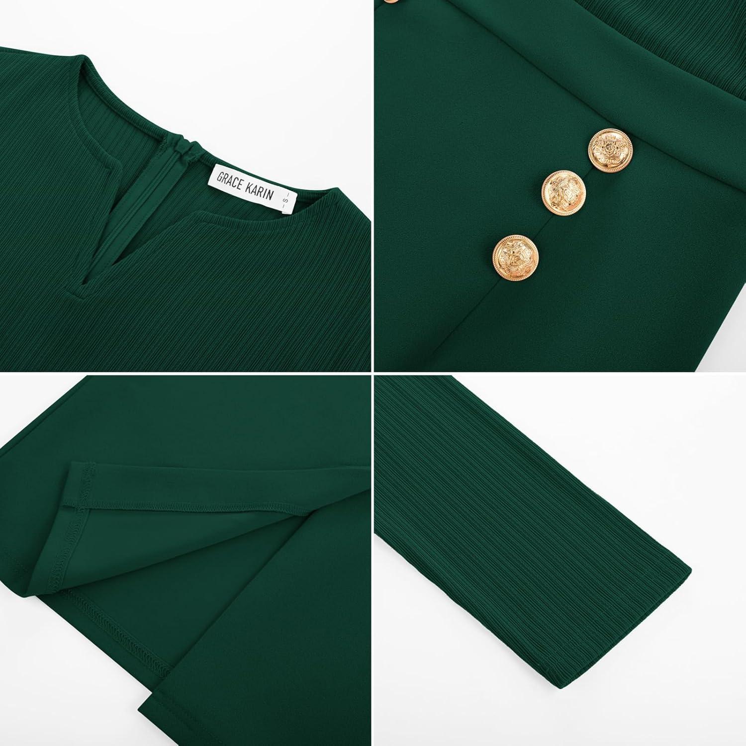 imageGRACE KARIN Womens 2026 Fall Henly V Neck Business Work Dress Long Sleeve Bodycon Midi Elegant Office Sheath DressDark Green