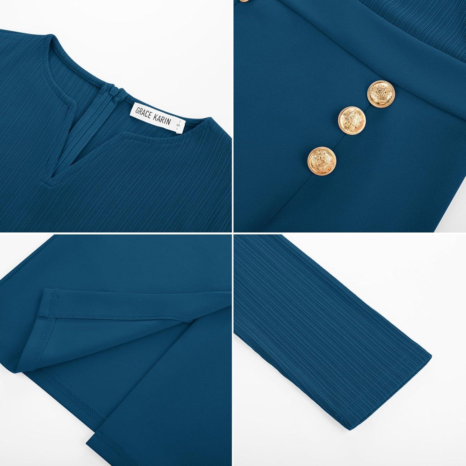 imageGRACE KARIN Womens 2026 Fall Henly V Neck Business Work Dress Long Sleeve Bodycon Midi Elegant Office Sheath DressPeacock Blue