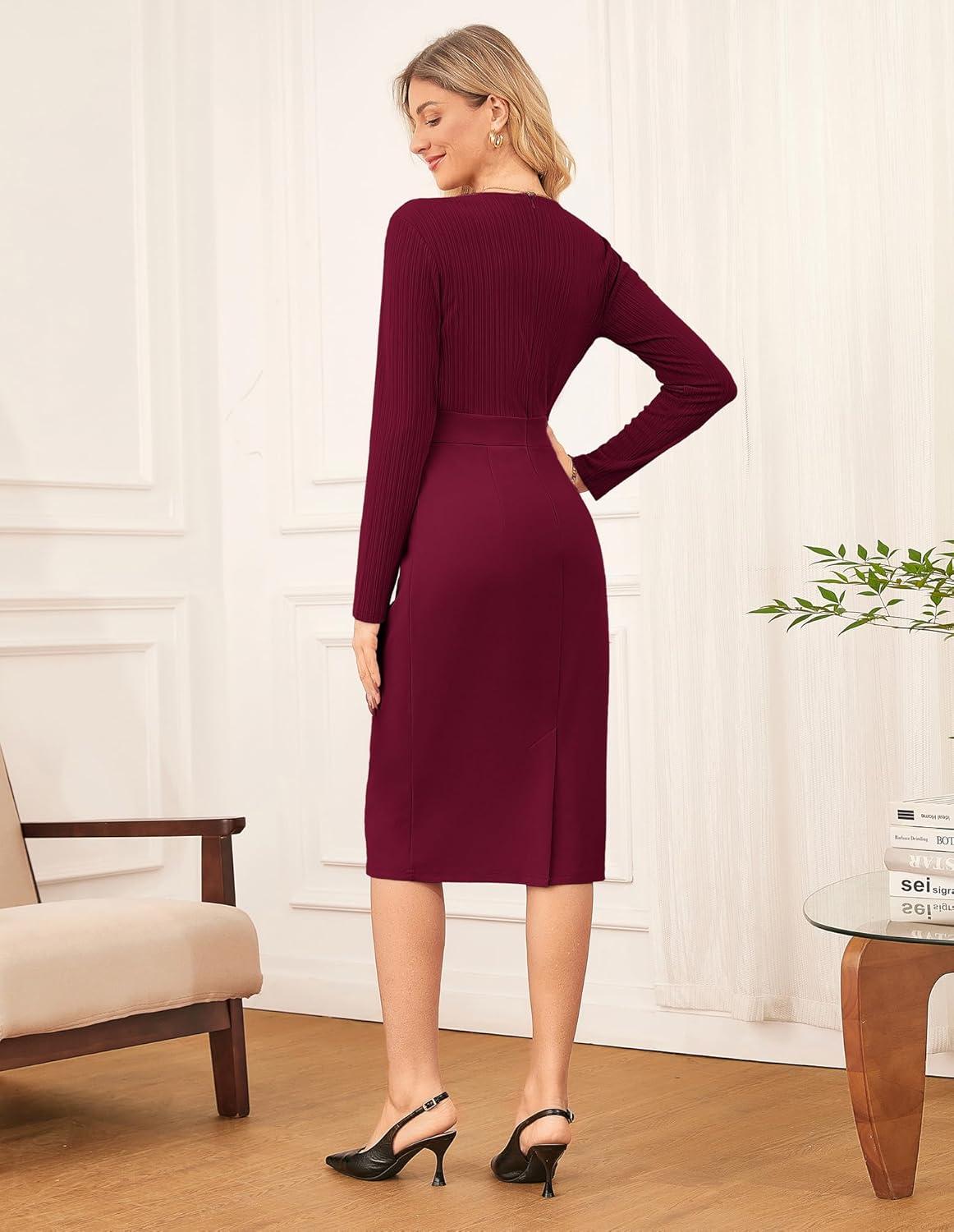 imageGRACE KARIN Womens 2026 Fall Henly V Neck Business Work Dress Long Sleeve Bodycon Midi Elegant Office Sheath DressWine Red