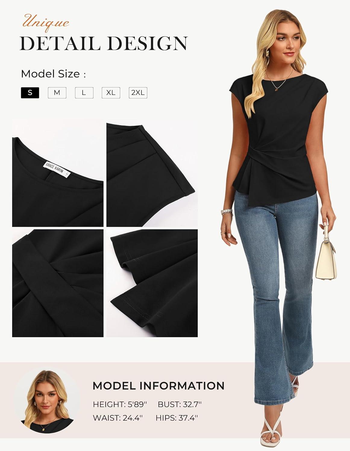 imageGRACE KARIN Womens 2026 Spring Short Sleeve Tops Dressy Casual Crew Neck Peplum Shirts Trendy Tunic Blouses with KnotBlack