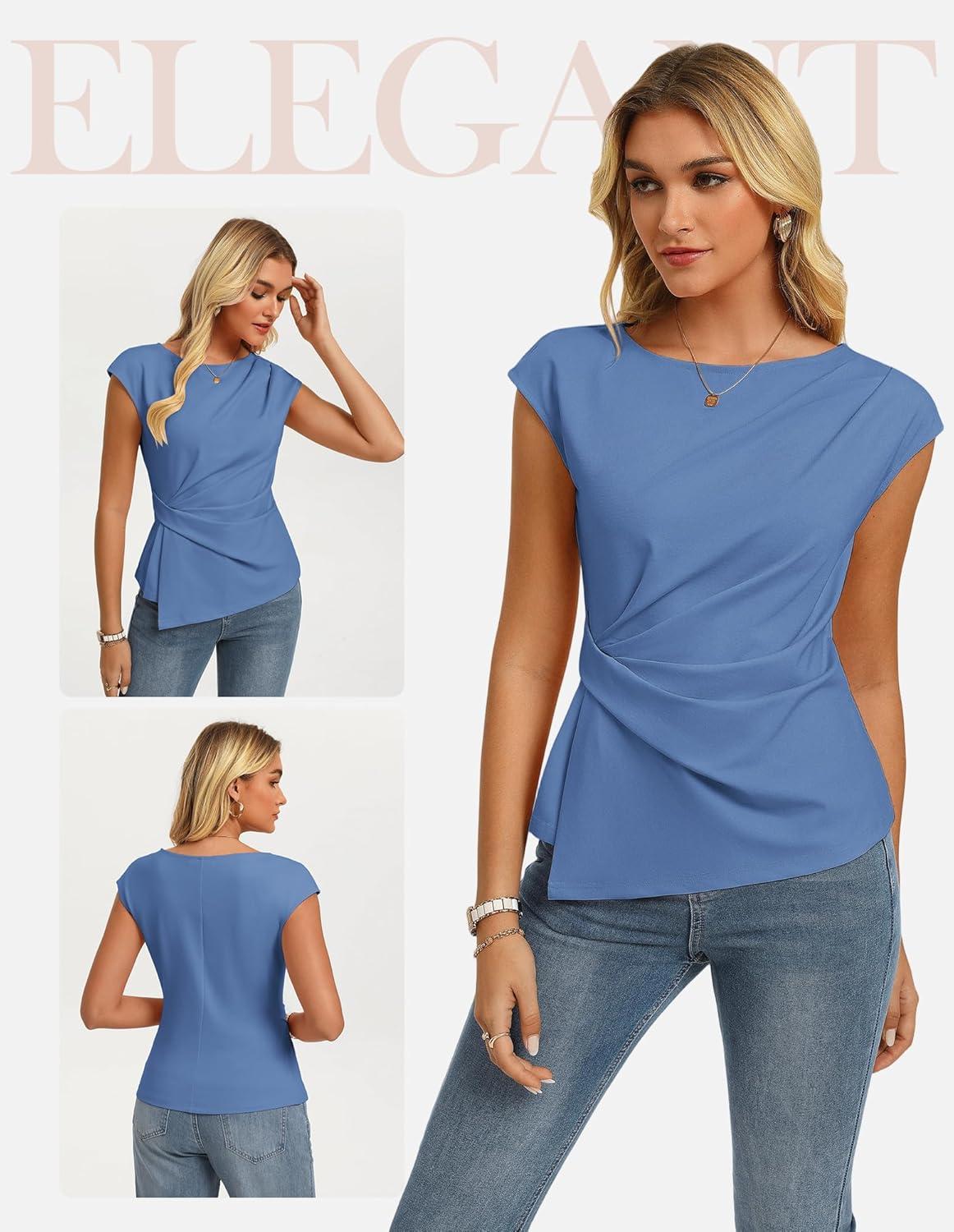 imageGRACE KARIN Womens 2026 Spring Short Sleeve Tops Dressy Casual Crew Neck Peplum Shirts Trendy Tunic Blouses with KnotBlue