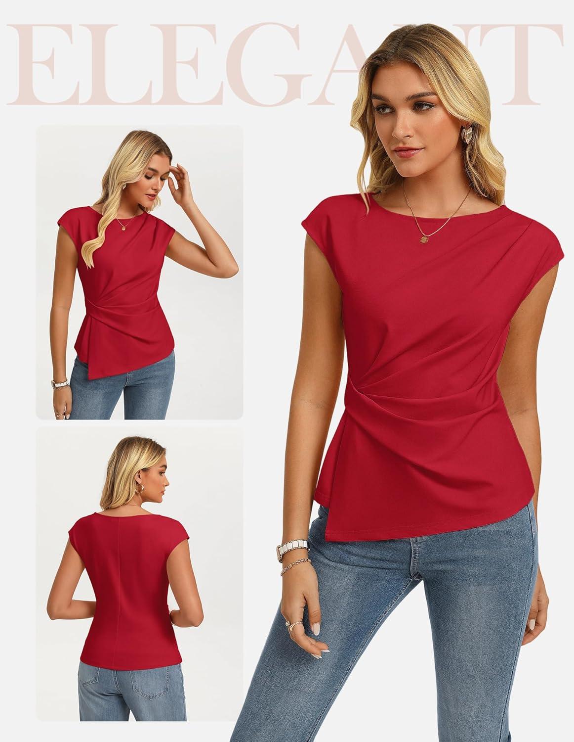 imageGRACE KARIN Womens 2026 Spring Short Sleeve Tops Dressy Casual Crew Neck Peplum Shirts Trendy Tunic Blouses with KnotRed