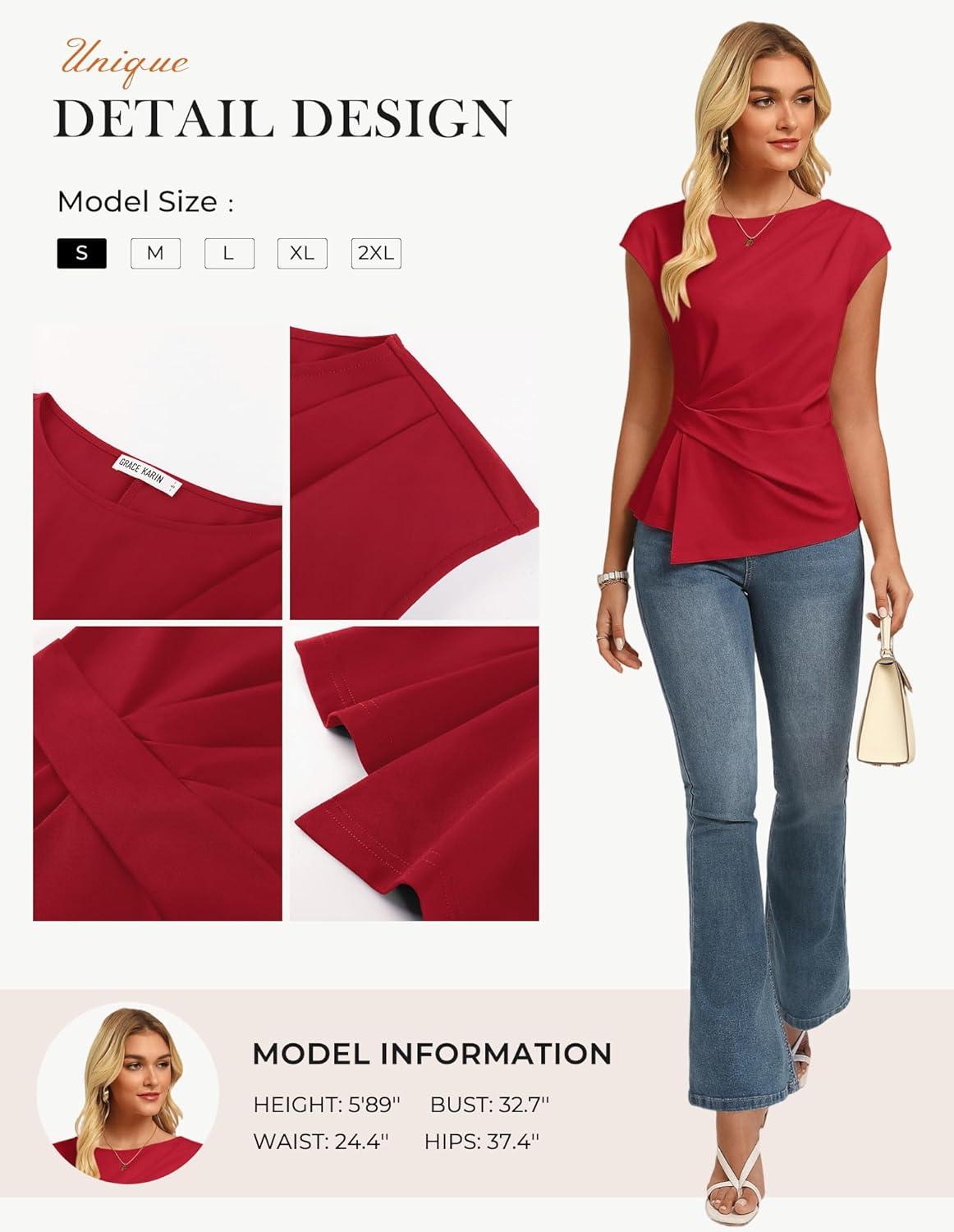 imageGRACE KARIN Womens 2026 Spring Short Sleeve Tops Dressy Casual Crew Neck Peplum Shirts Trendy Tunic Blouses with KnotRed