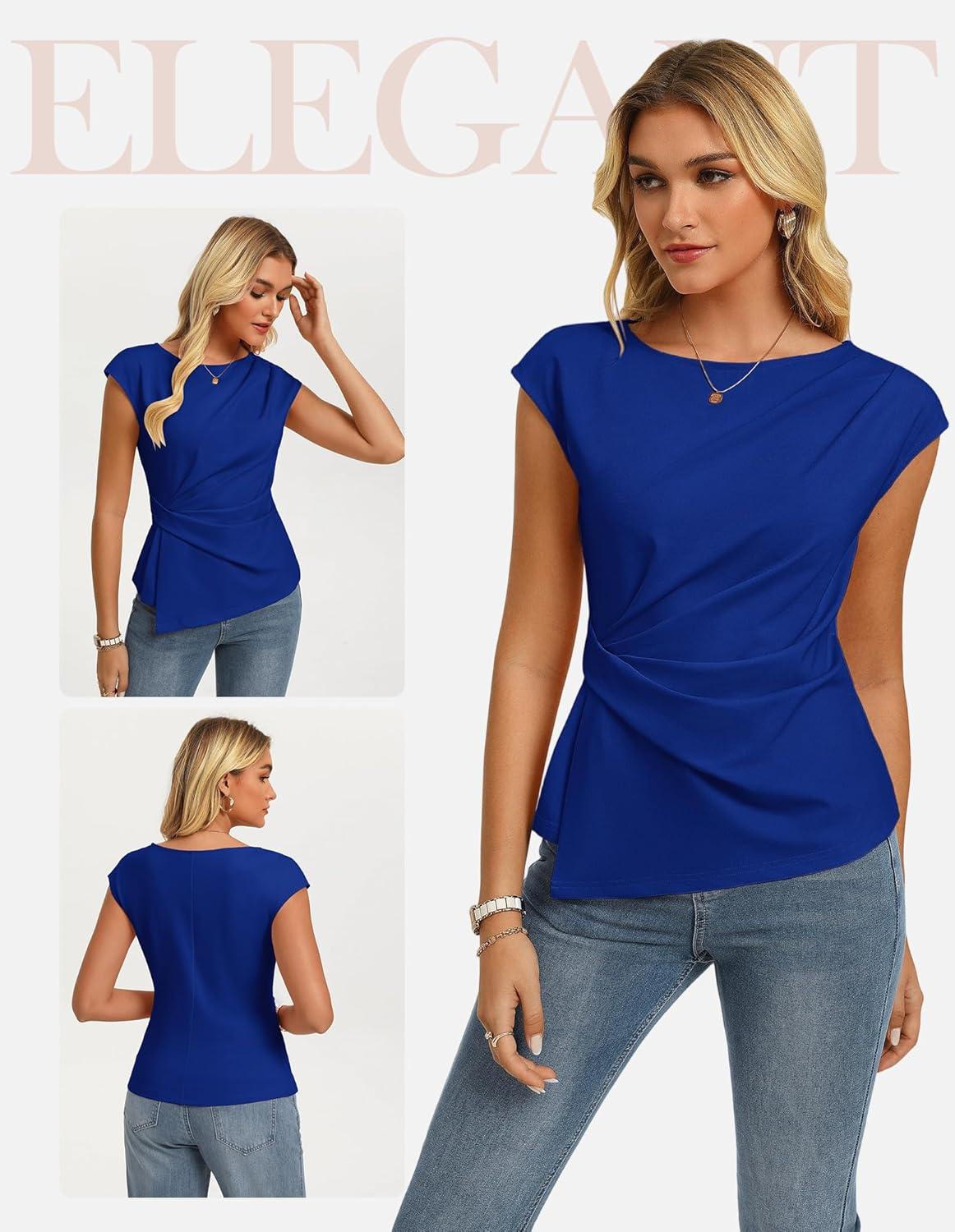 imageGRACE KARIN Womens 2026 Spring Short Sleeve Tops Dressy Casual Crew Neck Peplum Shirts Trendy Tunic Blouses with KnotRoyal Blue