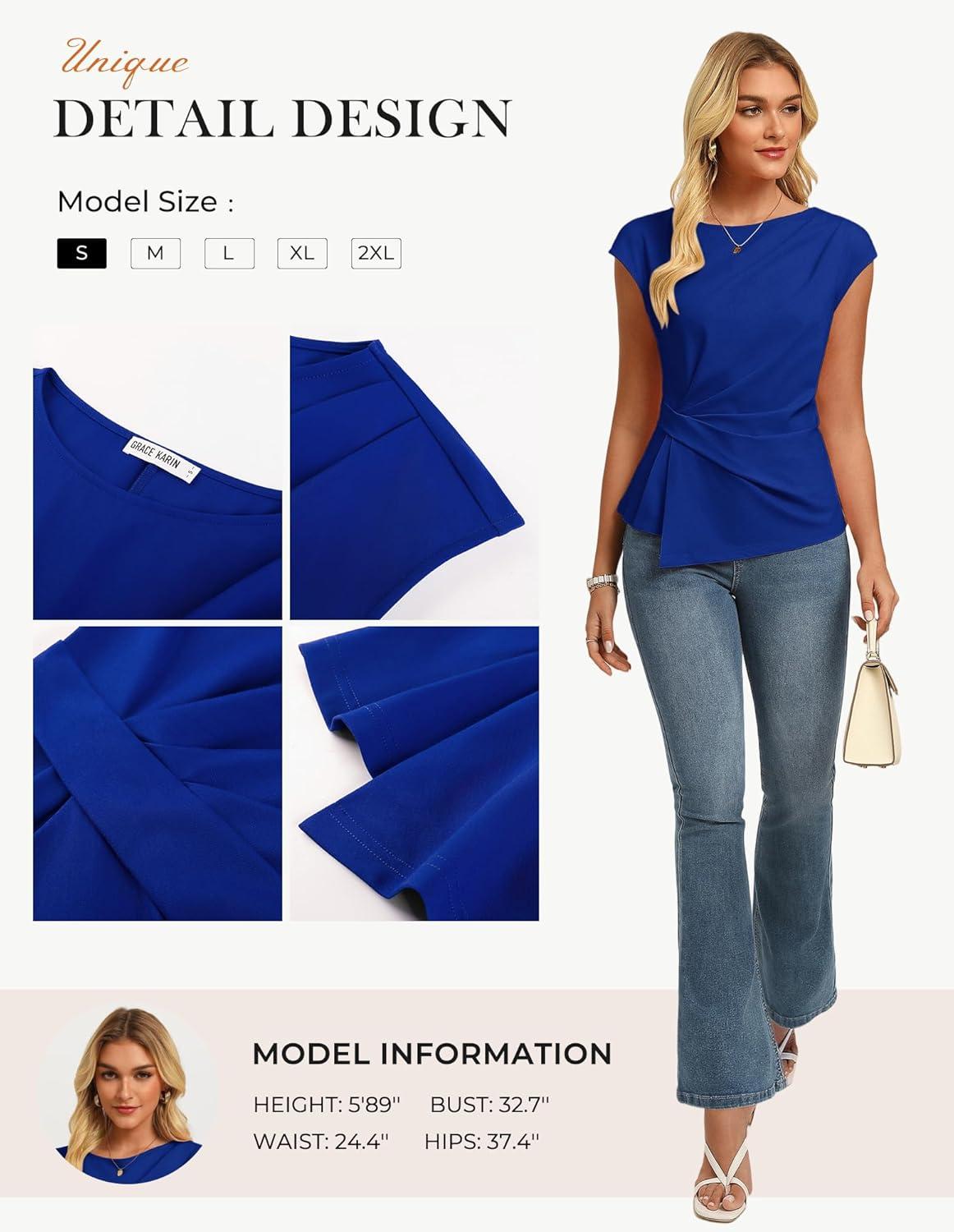 imageGRACE KARIN Womens 2026 Spring Short Sleeve Tops Dressy Casual Crew Neck Peplum Shirts Trendy Tunic Blouses with KnotRoyal Blue