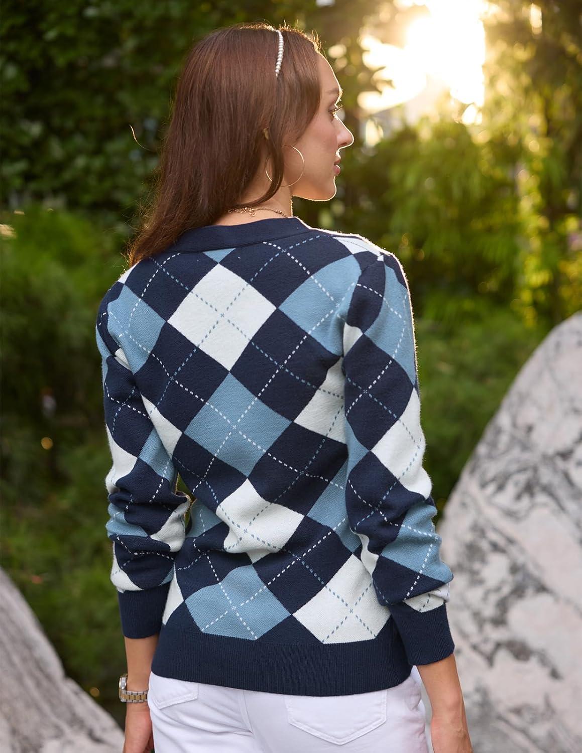 imageGRACE KARIN Womens Cardigan Sweater Spring Fashion Long Sleeve Argyle Sweater V Neck Button Up Cardigan Preppy ClothesPlaid Light Blue