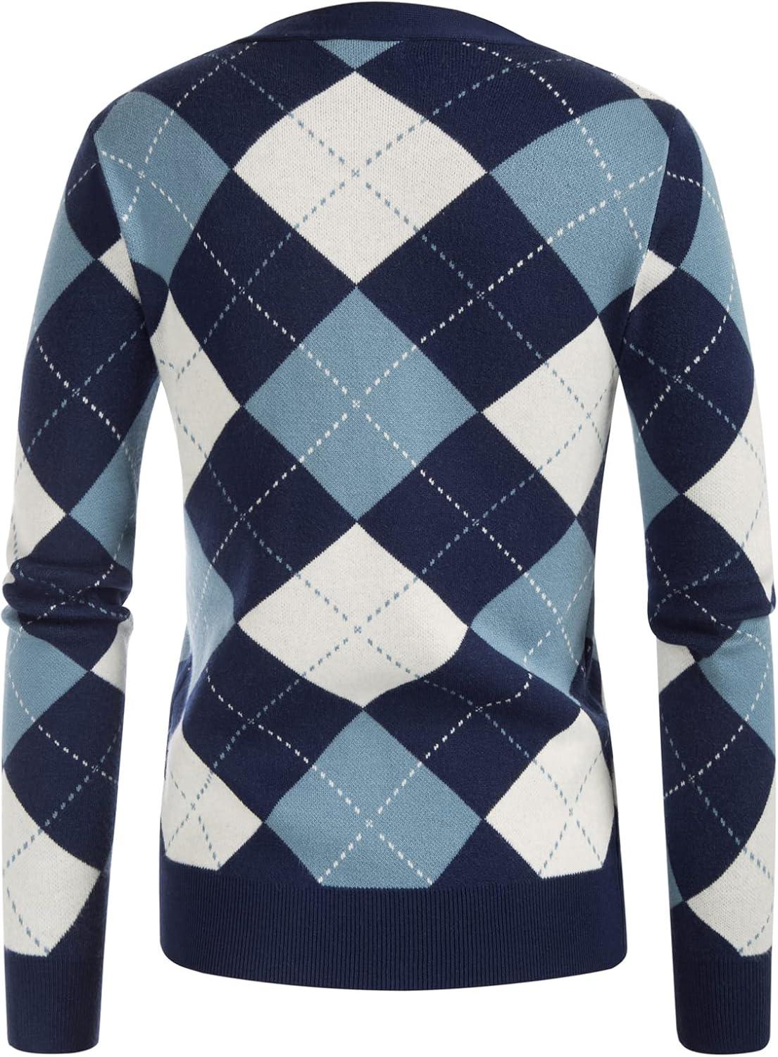 imageGRACE KARIN Womens Cardigan Sweater Spring Fashion Long Sleeve Argyle Sweater V Neck Button Up Cardigan Preppy ClothesPlaid Light Blue