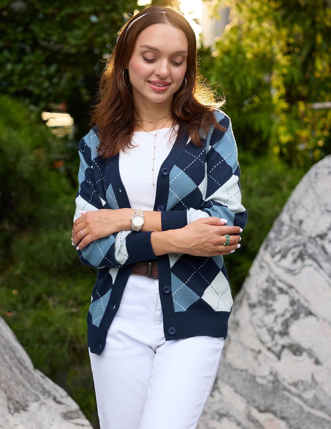 imageGRACE KARIN Womens Cardigan Sweater Spring Fashion Long Sleeve Argyle Sweater V Neck Button Up Cardigan Preppy ClothesPlaid Light Blue