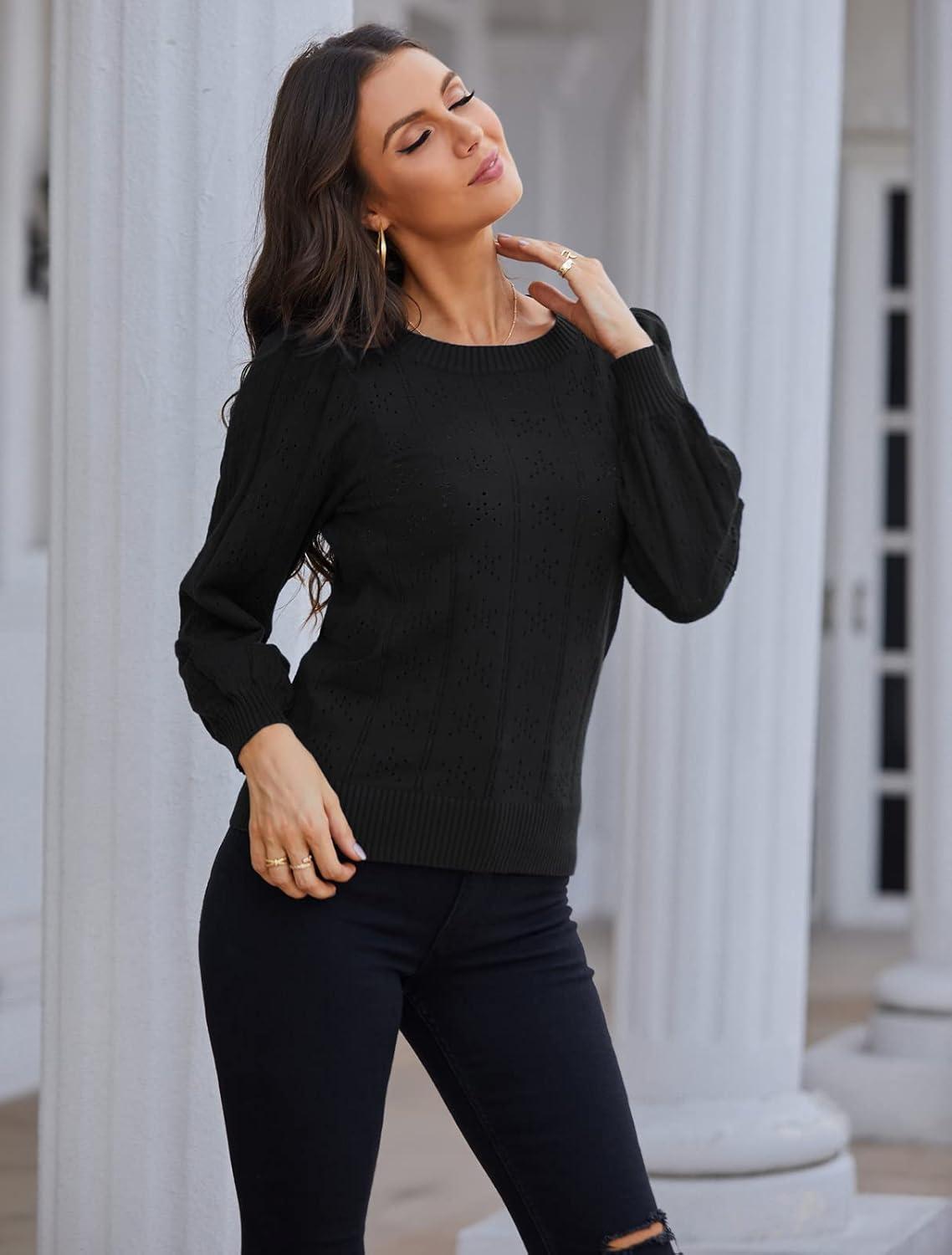 imageGRACE KARIN Womens Long Lantern Sleeve Crew Neck Crochet Top Hollow Out Fall Pullover SweaterCl0834 Black Long Sleeve
