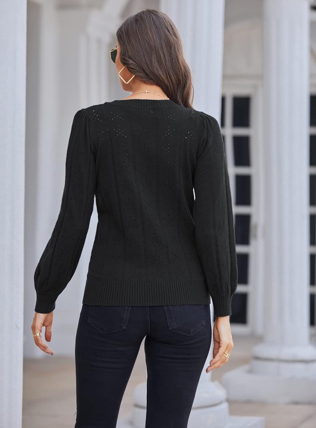 imageGRACE KARIN Womens Long Lantern Sleeve Crew Neck Crochet Top Hollow Out Fall Pullover SweaterCl0834 Black Long Sleeve
