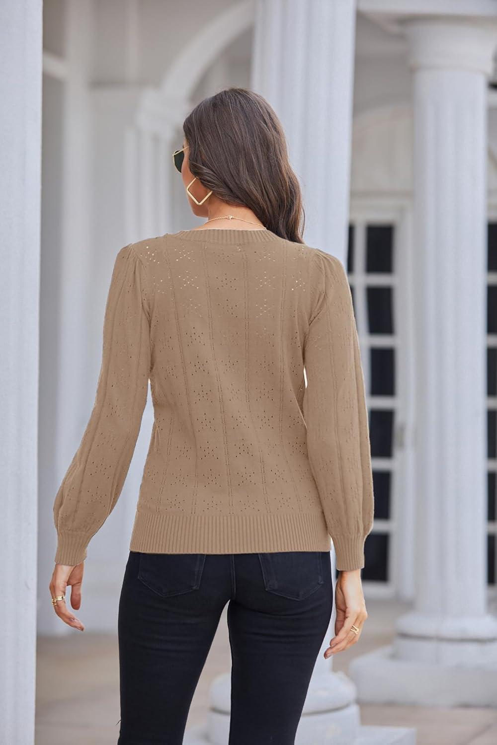 imageGRACE KARIN Womens Long Lantern Sleeve Crew Neck Crochet Top Hollow Out Fall Pullover SweaterCl0834 Dark Khaki Long Sleeve