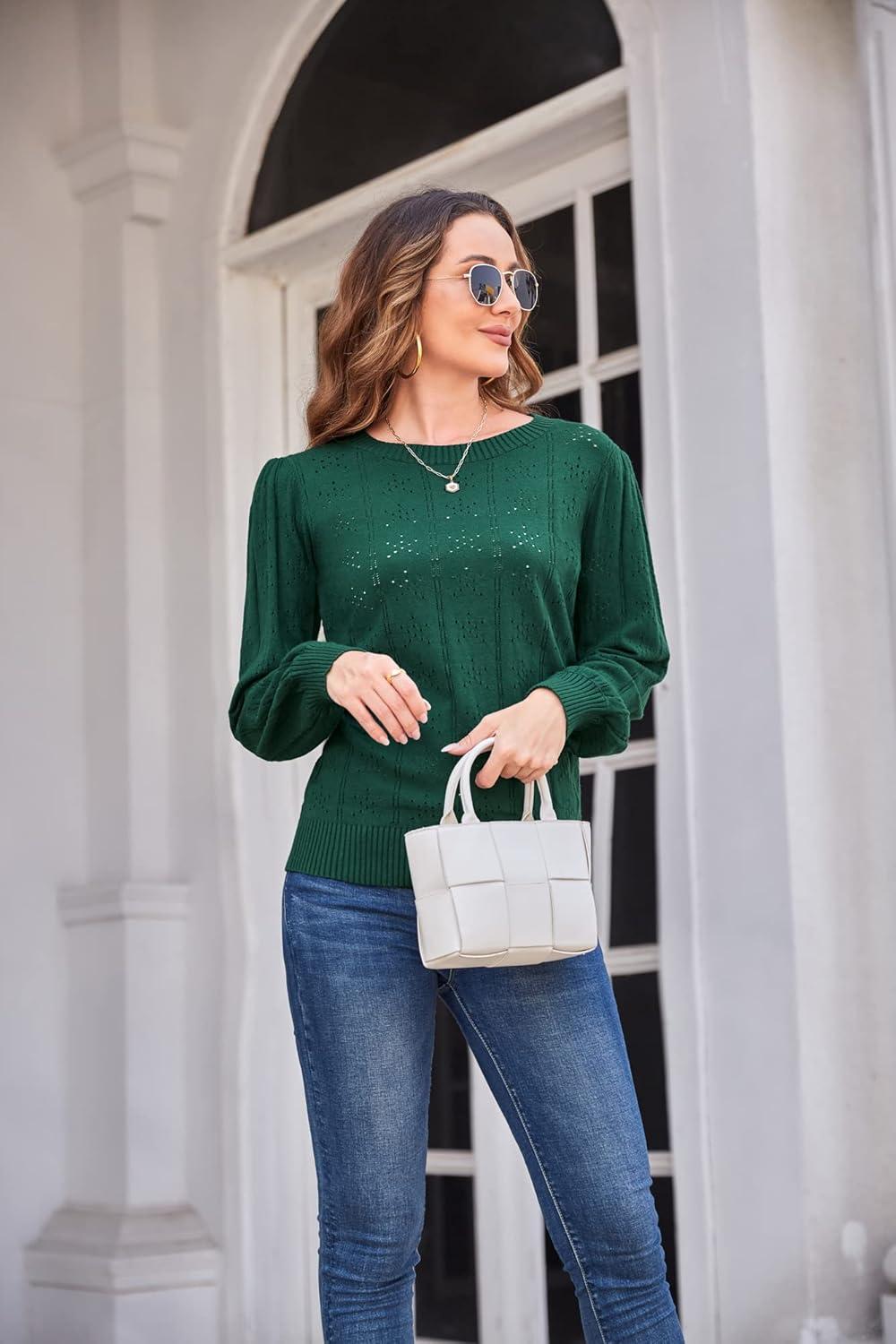 imageGRACE KARIN Womens Long Lantern Sleeve Crew Neck Crochet Top Hollow Out Fall Pullover SweaterCl0834 Green Long Sleeve