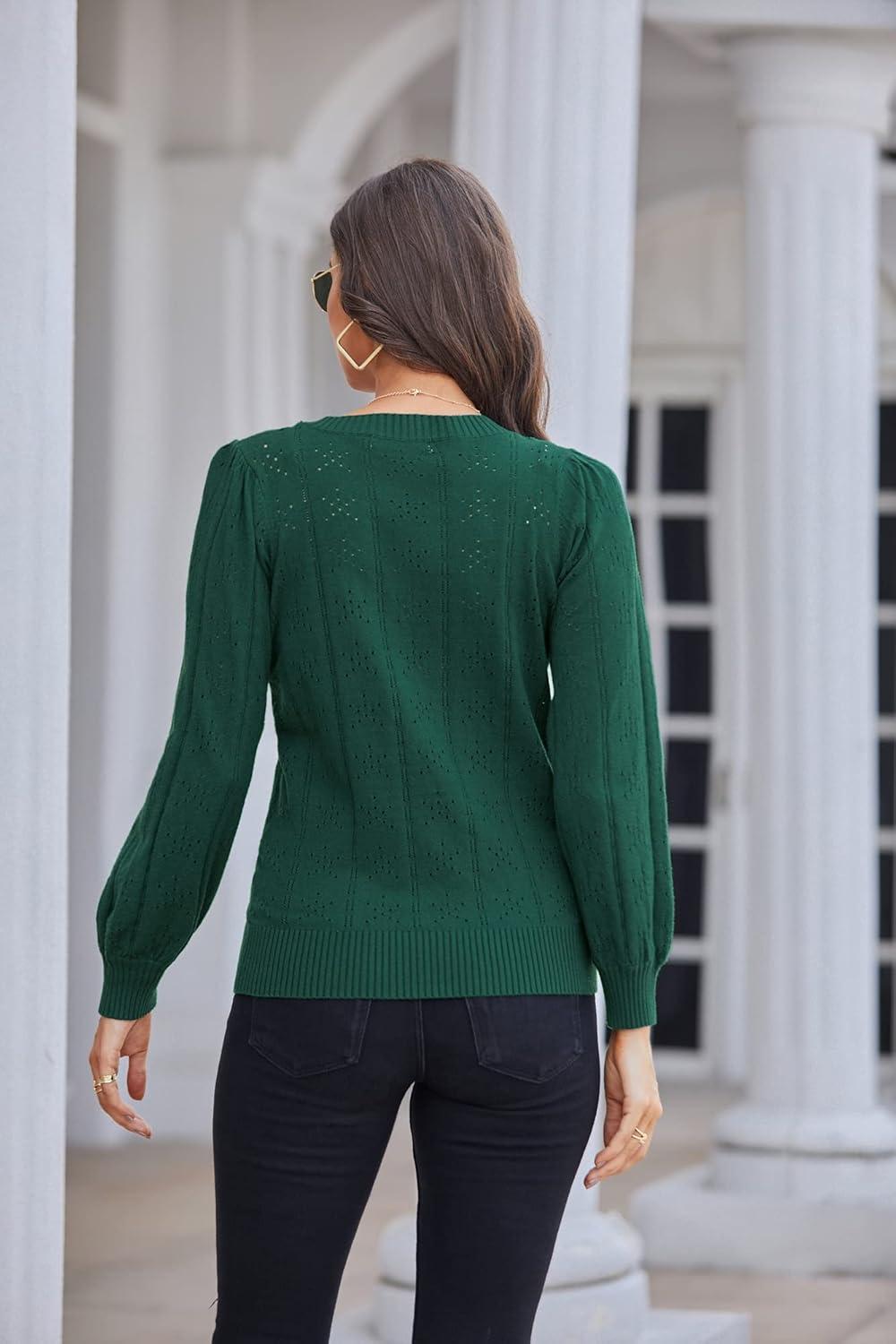 imageGRACE KARIN Womens Long Lantern Sleeve Crew Neck Crochet Top Hollow Out Fall Pullover SweaterCl0834 Green Long Sleeve