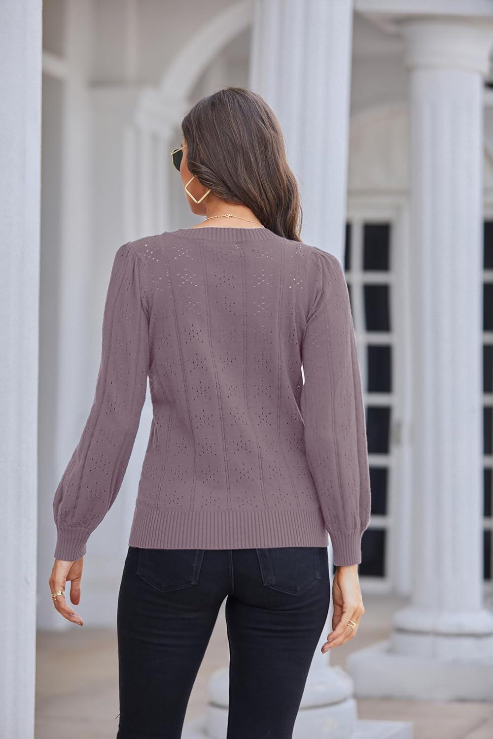 imageGRACE KARIN Womens Long Lantern Sleeve Crew Neck Crochet Top Hollow Out Fall Pullover SweaterCl0834 Purple Long Sleeve