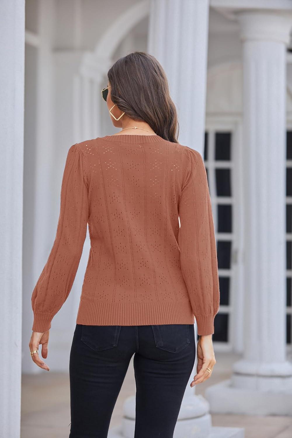 imageGRACE KARIN Womens Long Lantern Sleeve Crew Neck Crochet Top Hollow Out Fall Pullover SweaterCl0834 Red Brown Long Sleeve